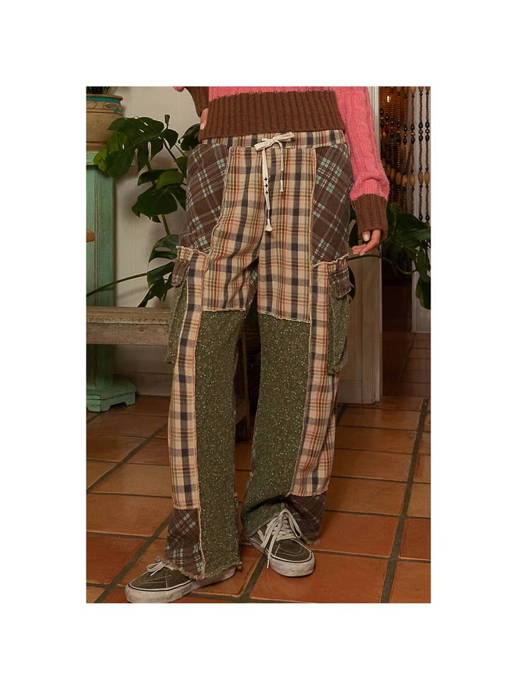 Plaid Patchwork Straight Men Pants Streetwear Hip Hop Loose Letter Fashion  Trousers For Male Elastic Waist Harajuku Pants