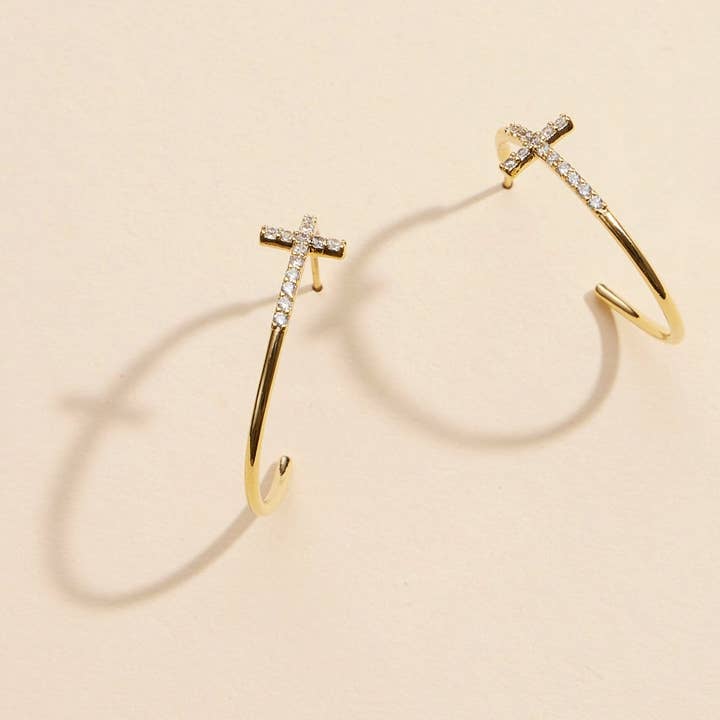 Gold Dip Cross Open Hoop Earrings