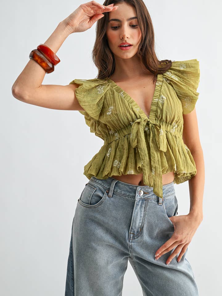 Camellia Embroidered Tie Waist Top