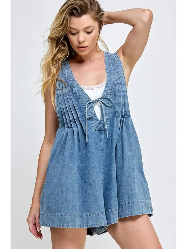 Miss Love Pleated Denim Romper