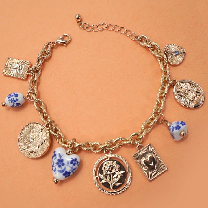 Blue Ceramic Coin Charm Bracelet