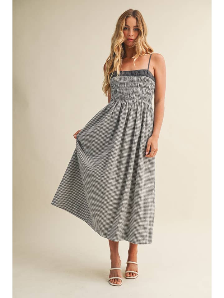 Mustard Seed Gingham Shirred Midi Dress