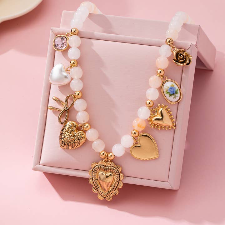 White Beaded Porcelain Heart Charm Necklace