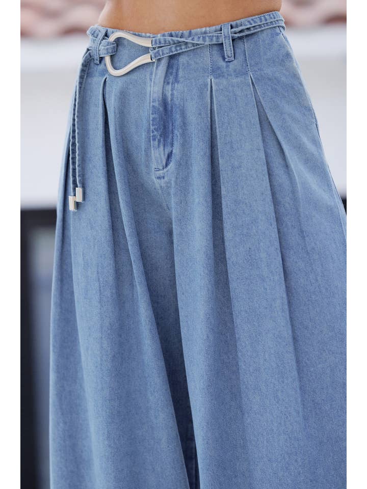 Endless Blu Pleated Waist Denim Wide Leg Pants