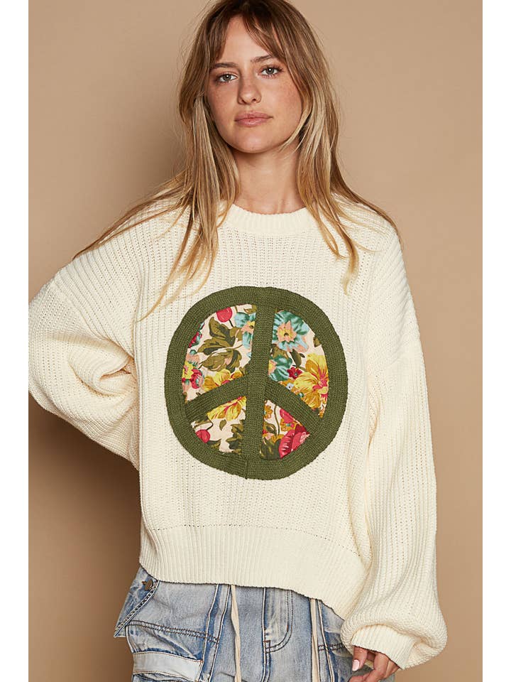 POL Balloon Sleeve Peace Patch Sweater