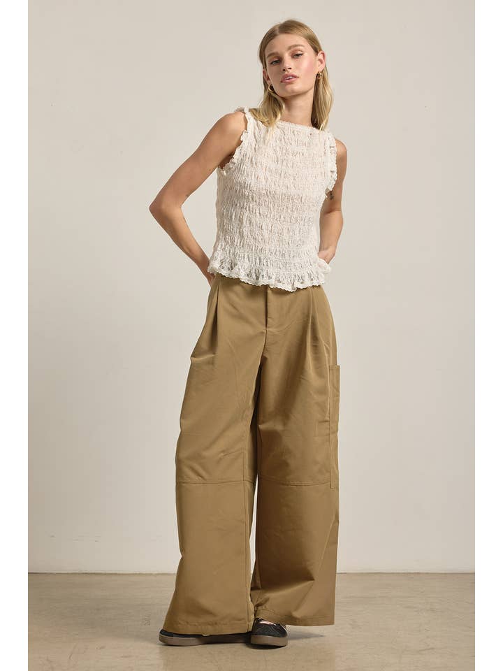 Smocked Lace Trim Sleeveless Top