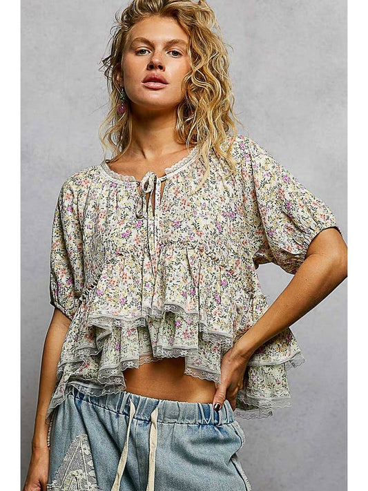 POL Floral Balloon Sleeve Woven Top