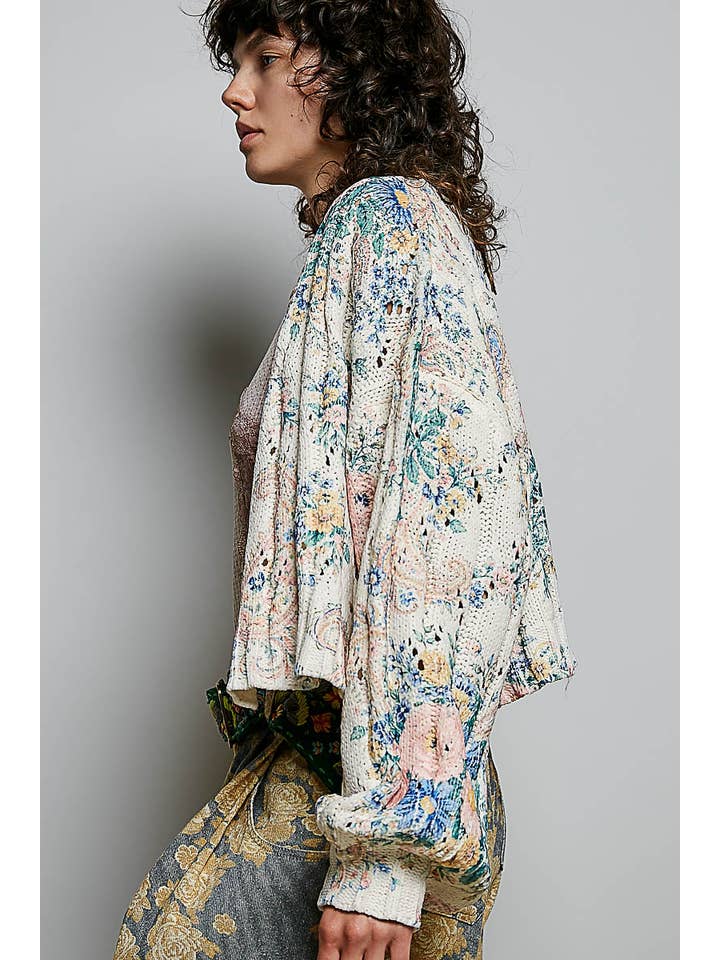 POL Floral Button Chenille Cardigan