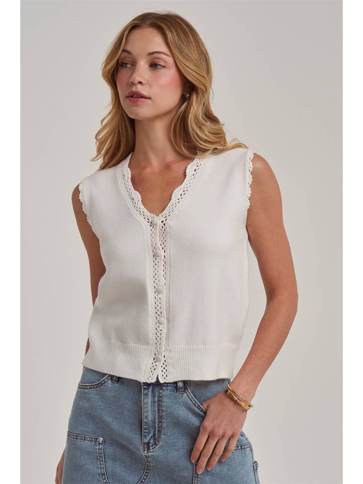 Lace Trim Button Front Sweater Vest