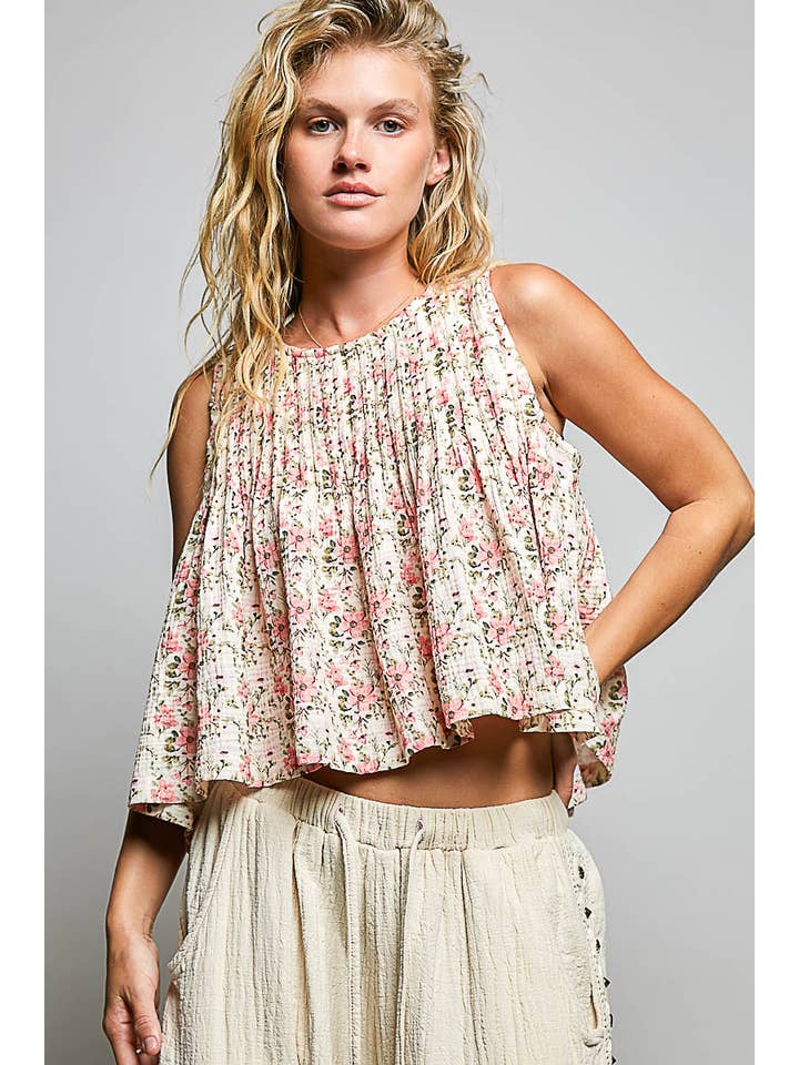 POL Pintuck Floral Sleeveless Top