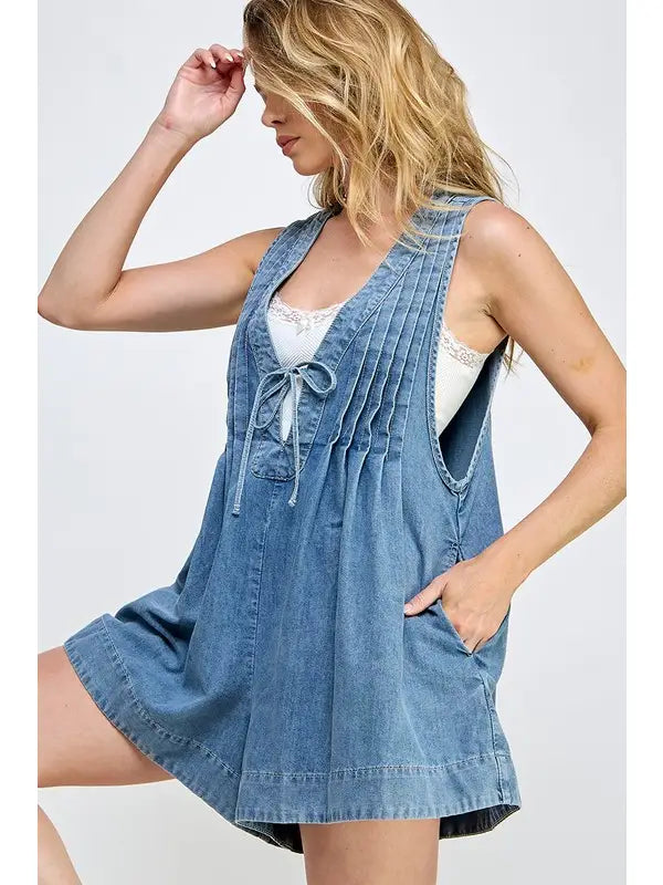 Miss Love Pleated Denim Romper