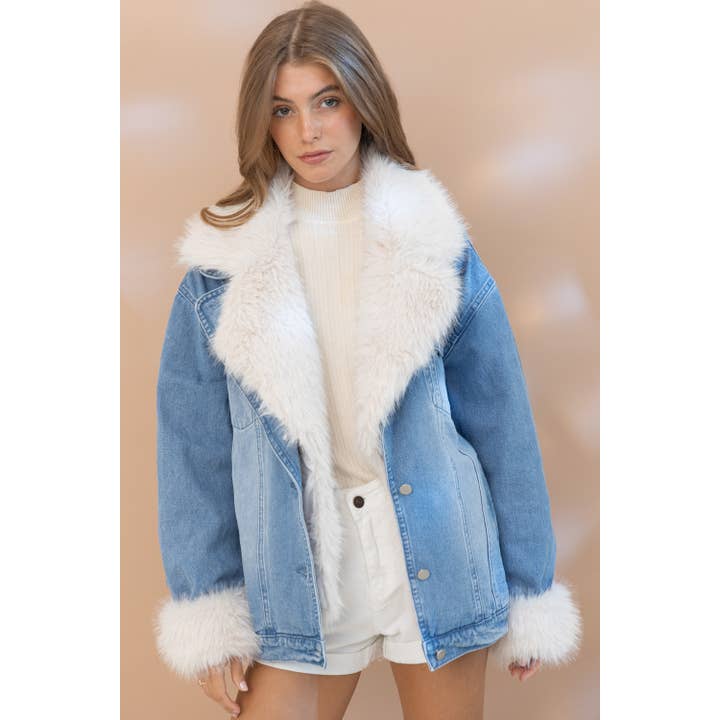 Blue B Fur Collared Washed Denim Jacket