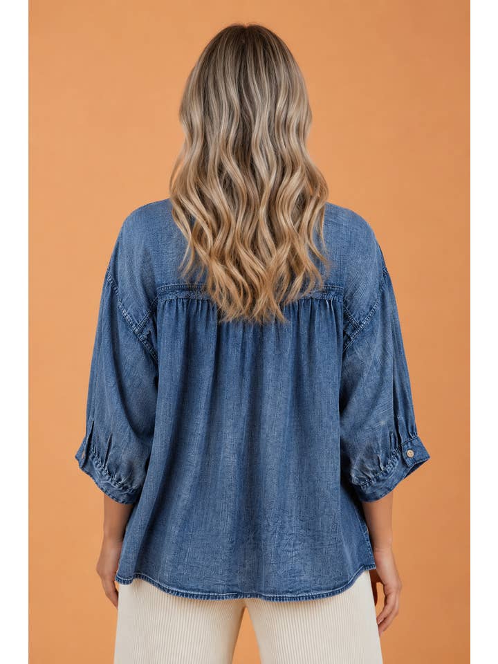 Denim 3/4 Sleeve Button Up Shirt