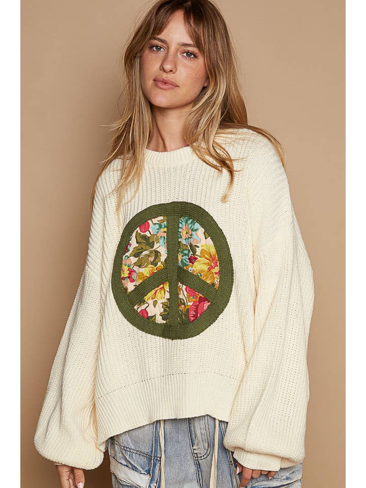 POL Balloon Sleeve Peace Patch Sweater