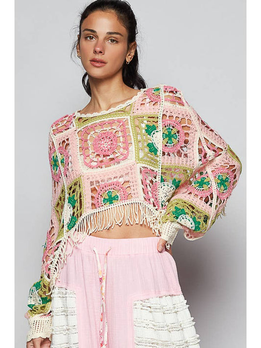 POL Long Sleeve Crochet Crop Top