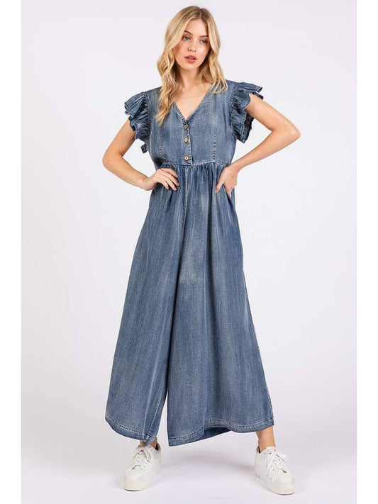 Washed Ruffle Sleeve Jumpsuit