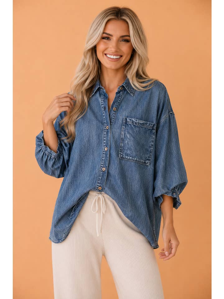 Denim 3/4 Sleeve Button Up Shirt