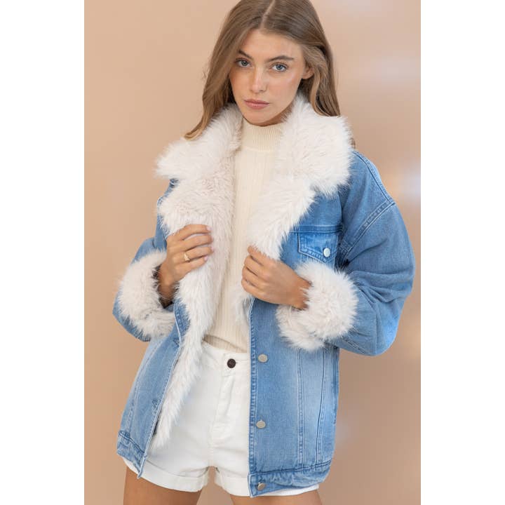 Blue B Fur Collared Washed Denim Jacket