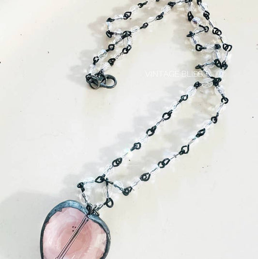 Soldered Pink Glass Heart Chain Necklace