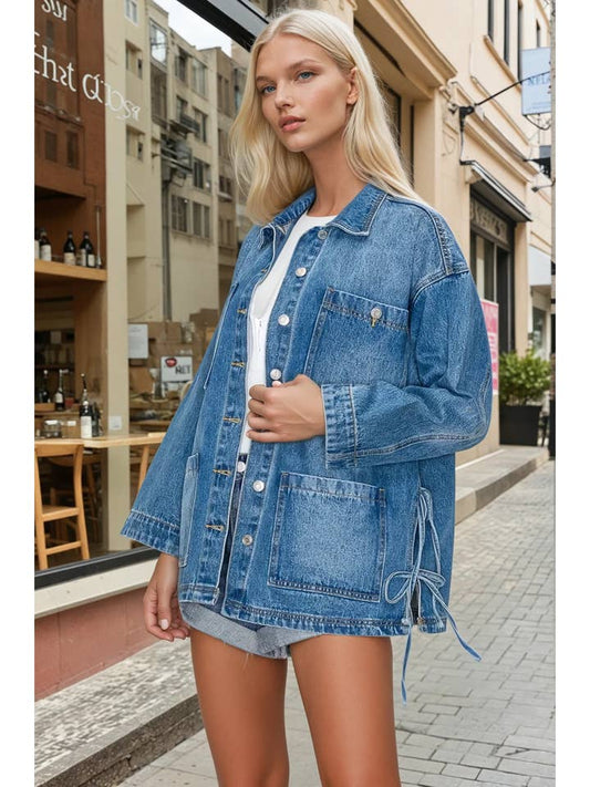 Wisteria Lane Side Tie Oversized Denim Jacket