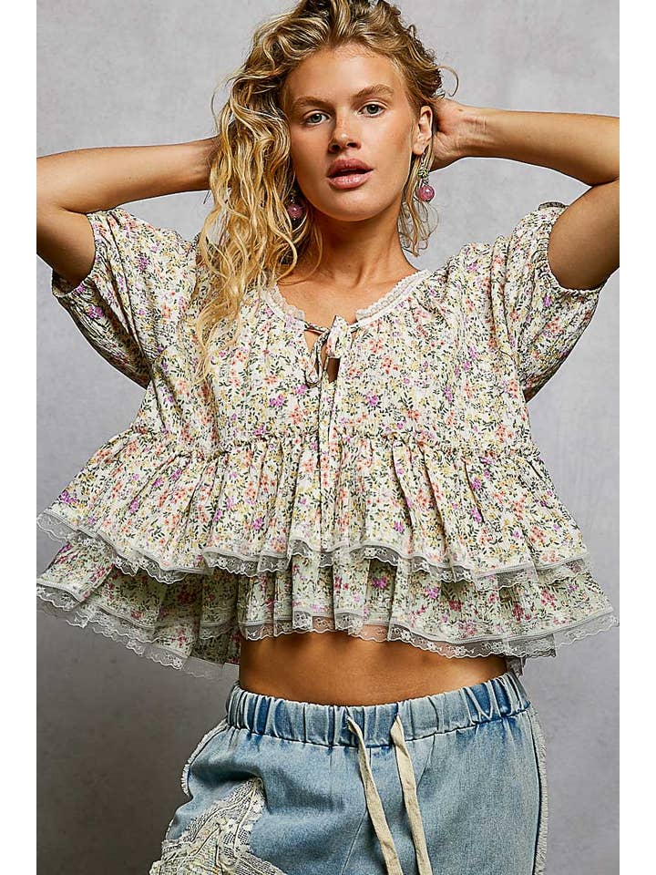 POL Floral Balloon Sleeve Woven Top