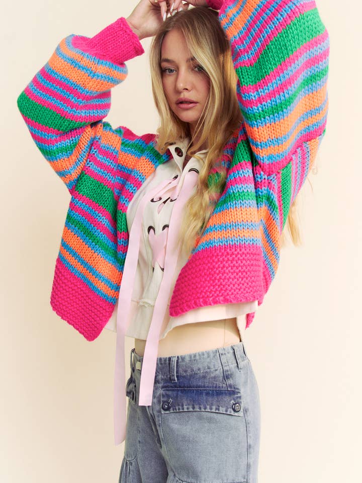 Davi & Dani Chunky Knit Striped Cardigan