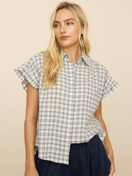 Plaid Ruffle Sleeve Button Up Top