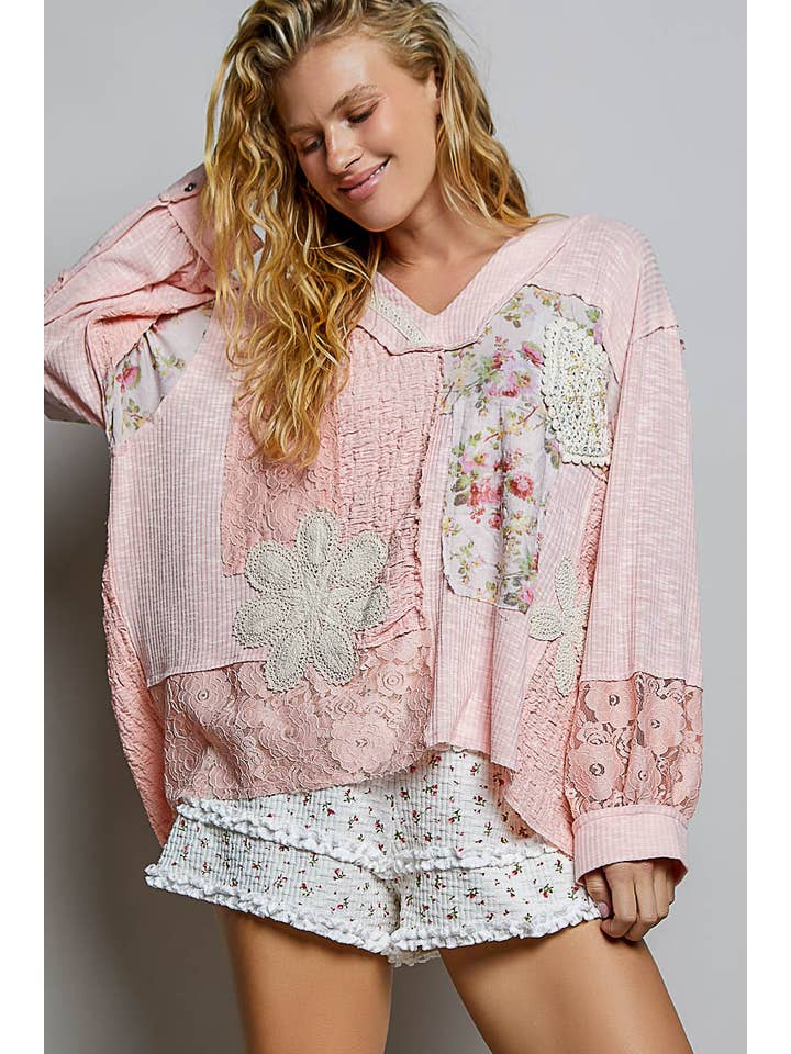 Long Sleeve Floral Printed Rib Knit Top