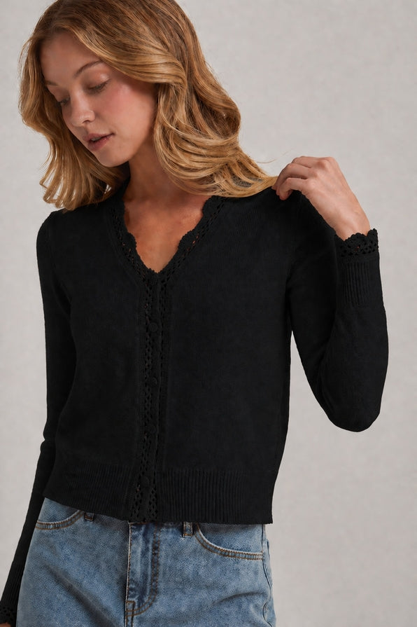 BON Lace Trim Button Front Cardigan
