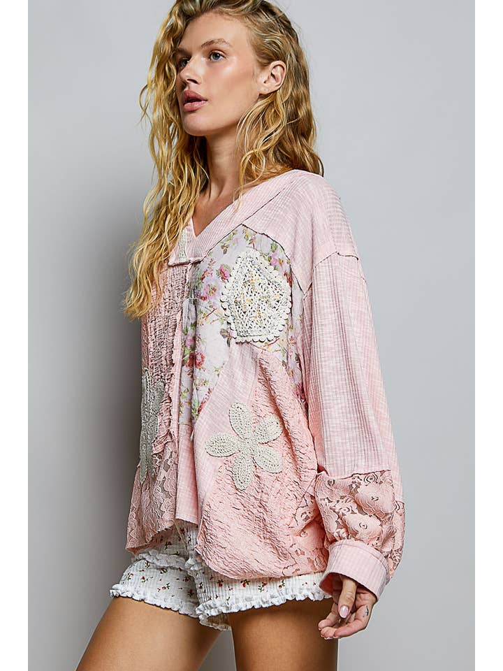 Long Sleeve Floral Printed Rib Knit Top