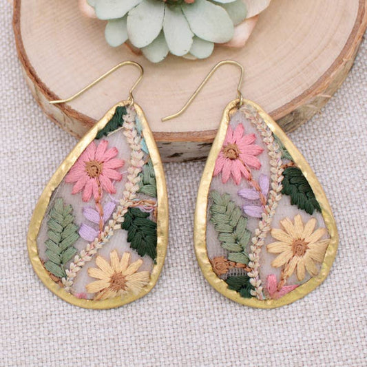 Floral Vines Embroidered Teardrop Earrings