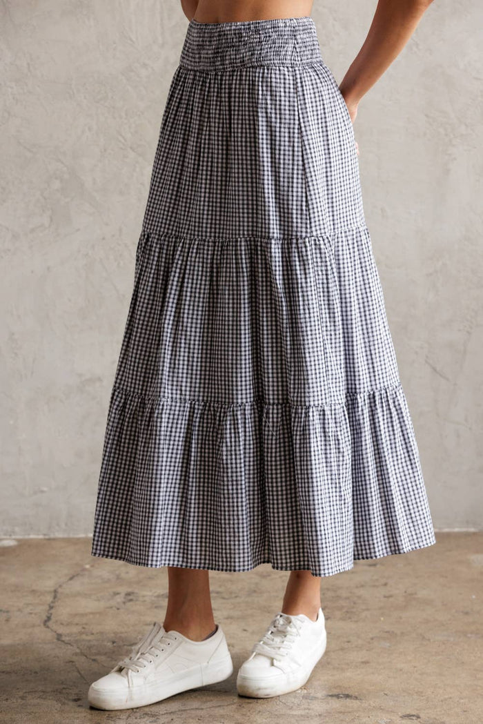 Storia Tiered Gingham Midi Skirt