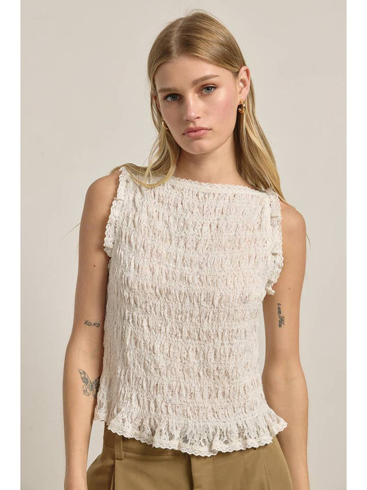 Smocked Lace Trim Sleeveless Top