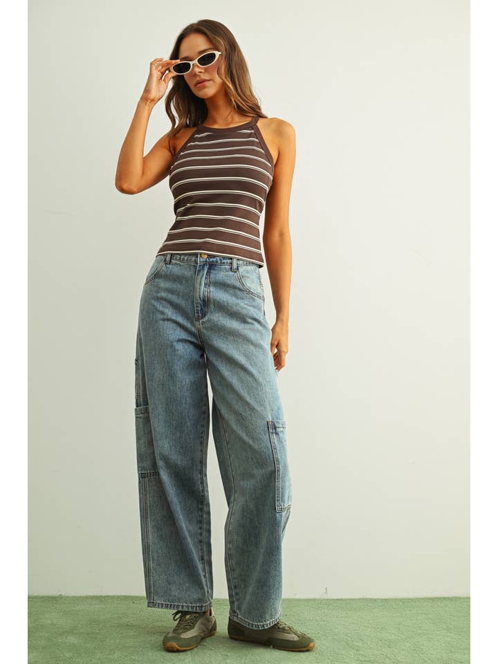 Miou Muse High Neck Striped Tank Top