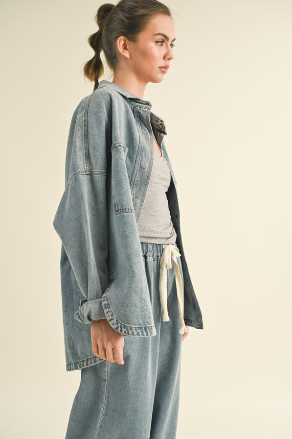 Miou Muse Washed Snap Button Denim Shacket