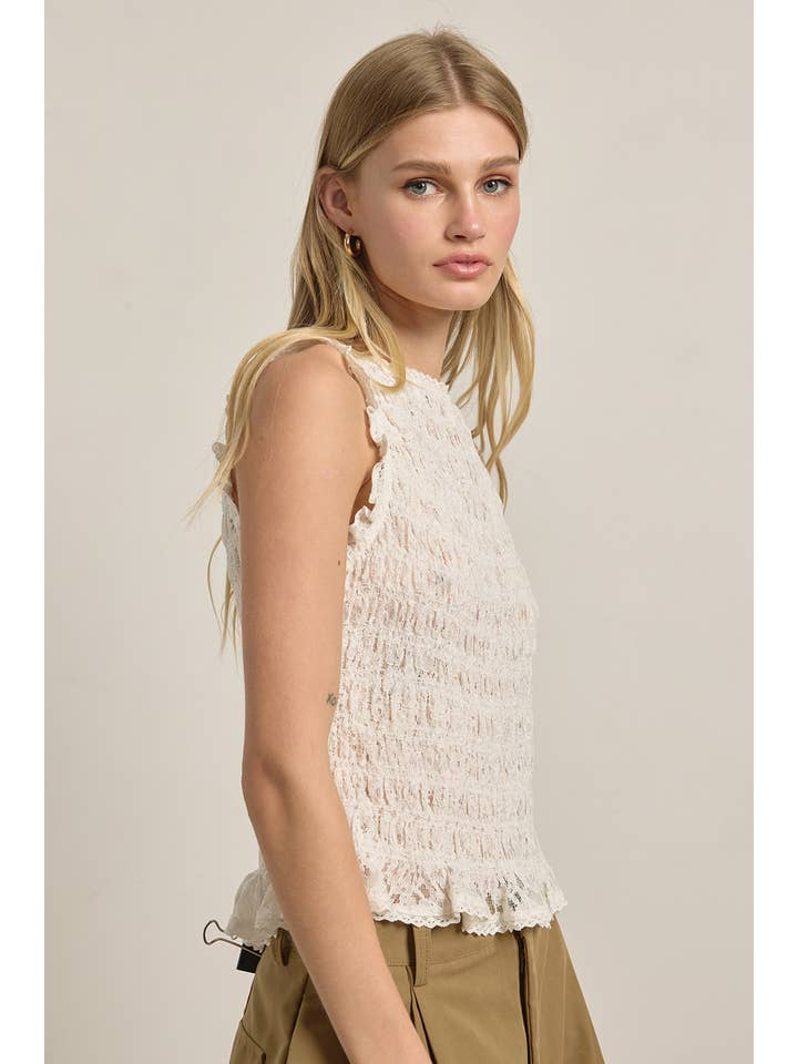 Smocked Lace Trim Sleeveless Top