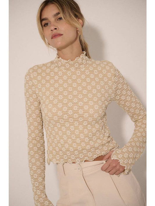 Promesa Textured Floral Lace Cropped Mock Neck Top