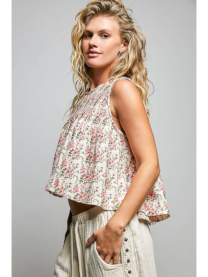 POL Pintuck Floral Sleeveless Top