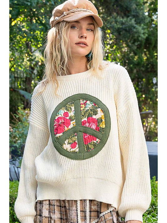 POL Balloon Sleeve Peace Patch Sweater