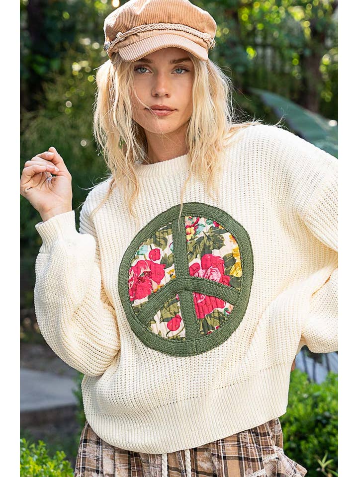 POL Balloon Sleeve Peace Patch Sweater